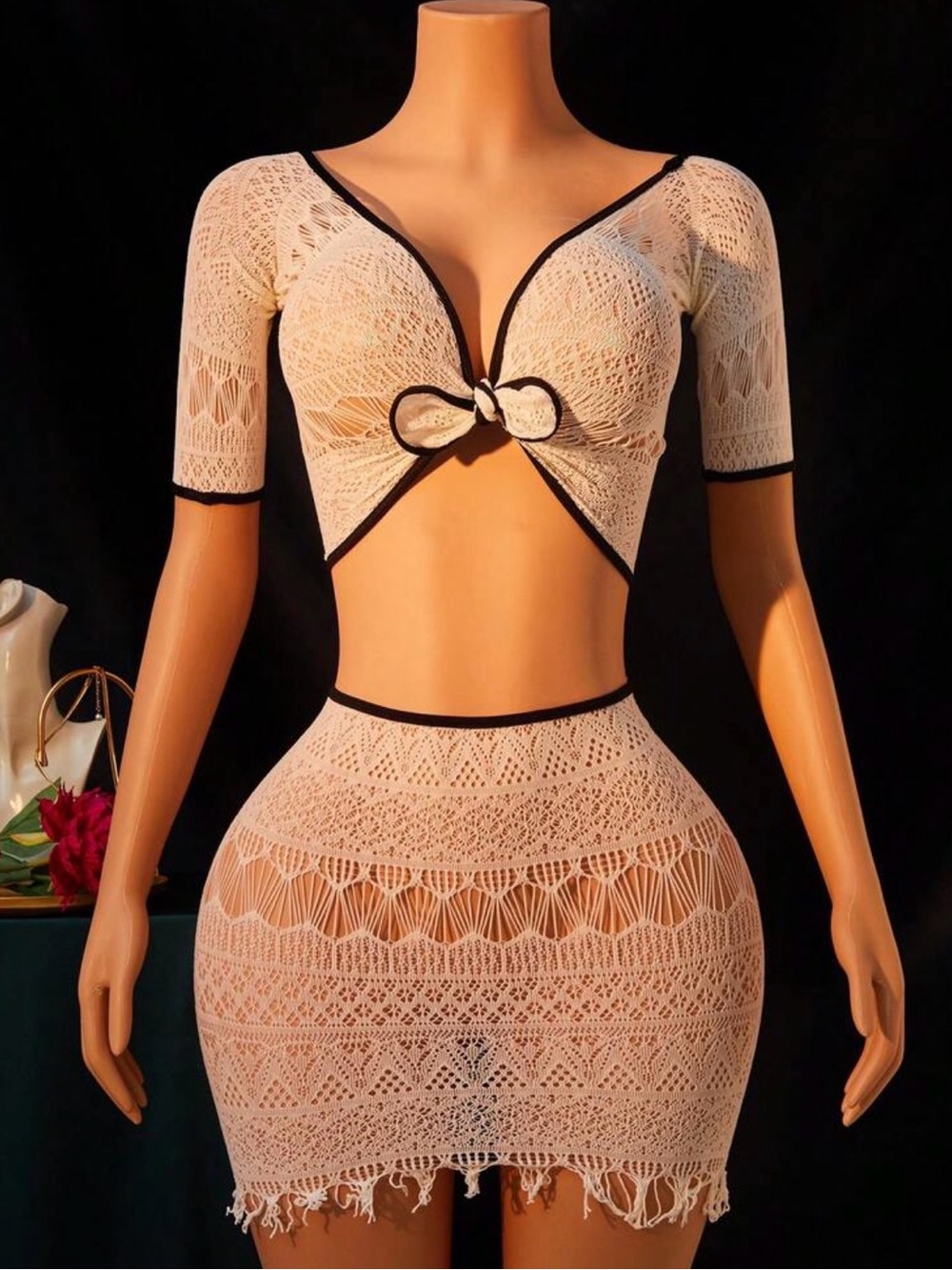 Cream Crochet Two-Piece Tie-Front Crop Top & Skirt Set